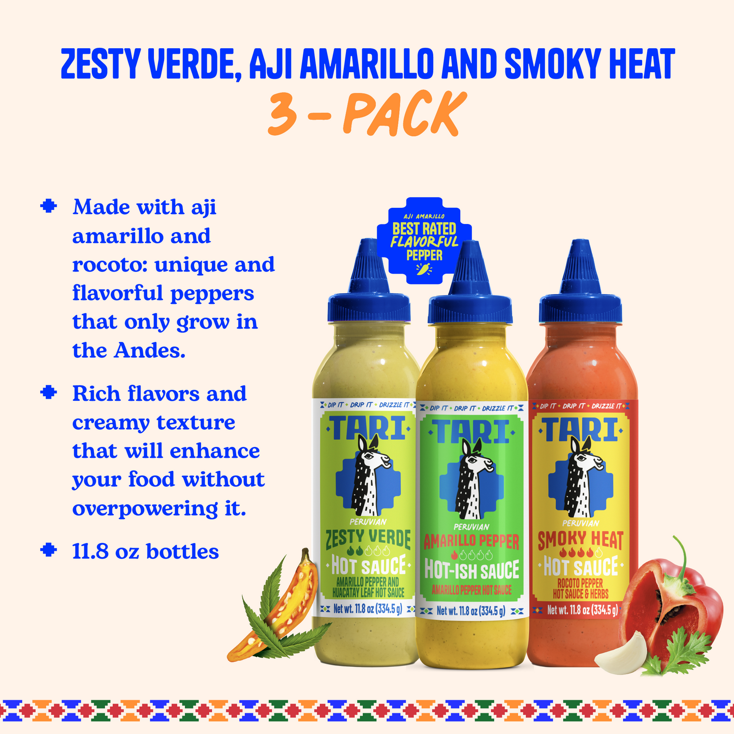 3pk Tari Variety Pack - Ají Amarillo & Verde & Smoky - 11.8 oz each