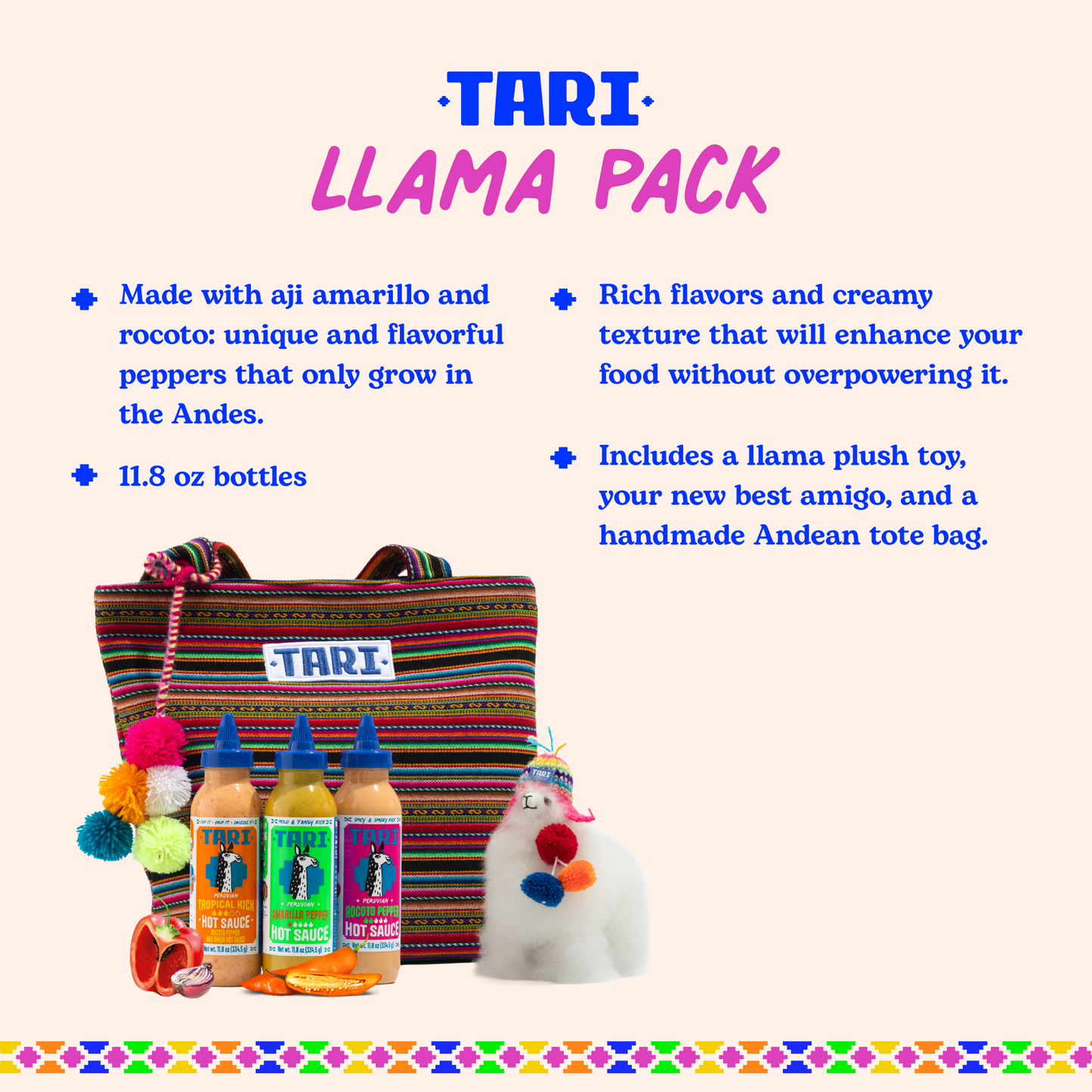 Gift Pack - Tote Bag, Llama & 3 Flavors: Rocoto, Ají Amarillo & Tropical - 11.8oz each