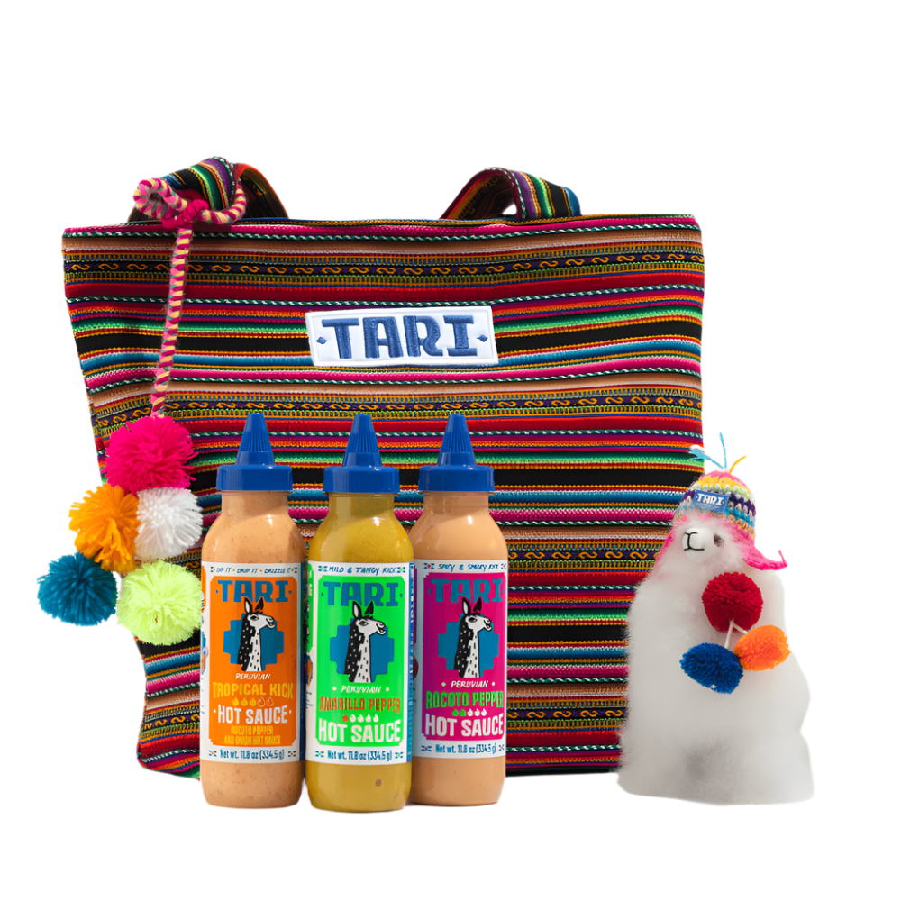 Gift Pack - Tote Bag, Llama & 3 Flavors: Rocoto, Ají Amarillo & Tropical - 11.8oz each