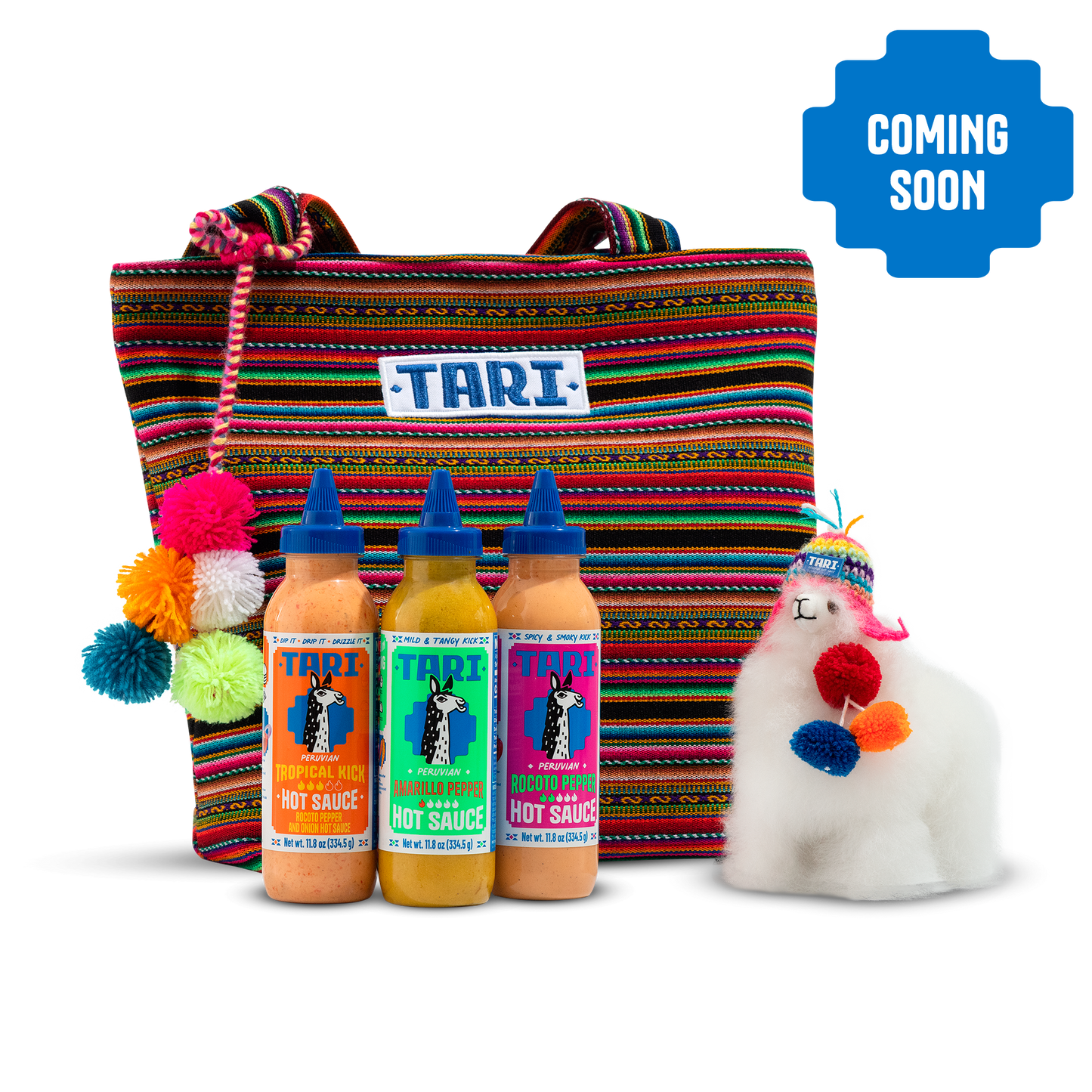Gift Pack - Tote Bag, Llama & 3 Flavors: Rocoto, Ají Amarillo & Tropical - 11.8oz each