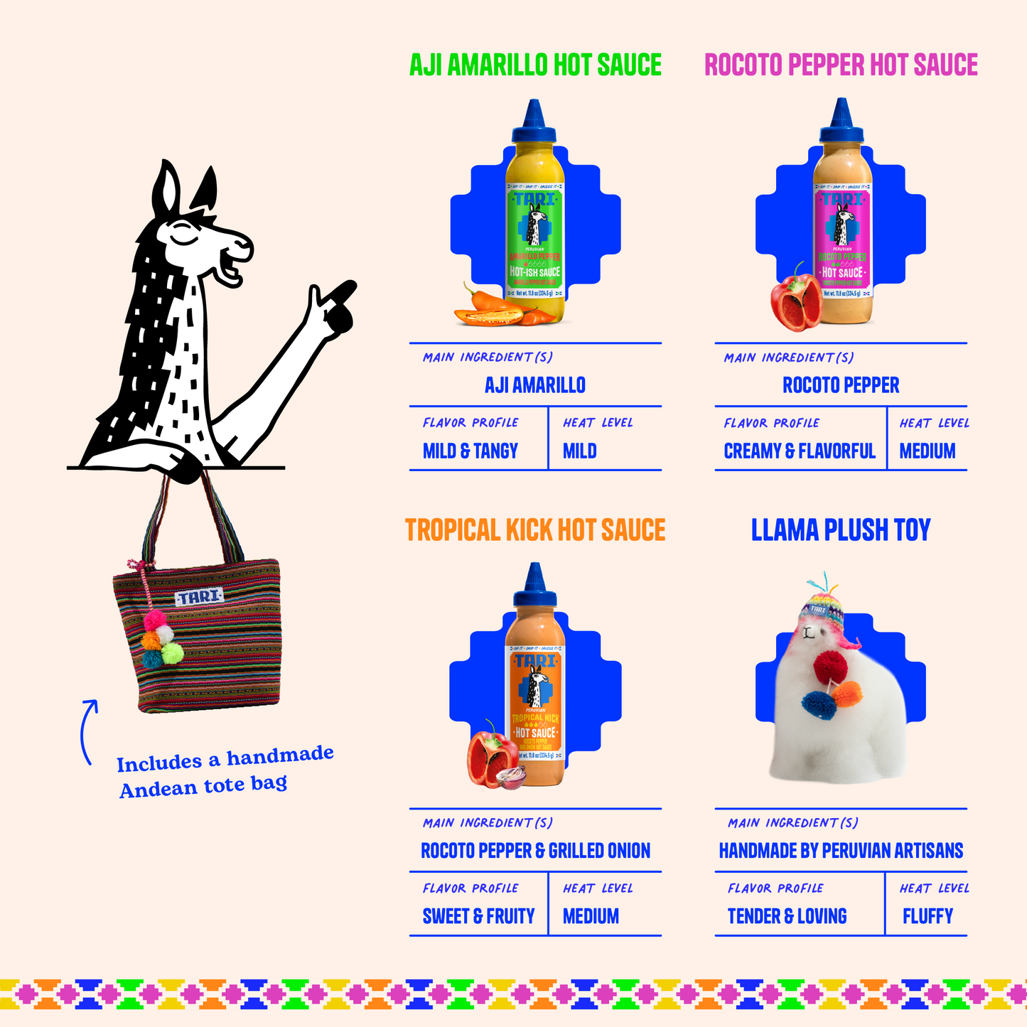 Gift Pack - Tote Bag, Llama & 3 Flavors: Rocoto, Ají Amarillo & Tropical - 11.8oz each